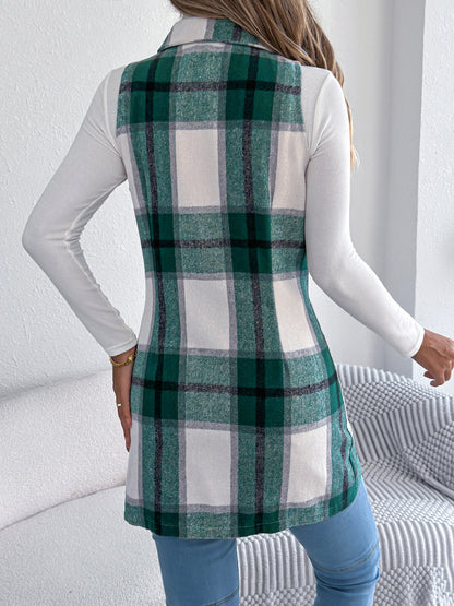 Women's Plaid Double-Breasted Pocket Tweed Long Vest