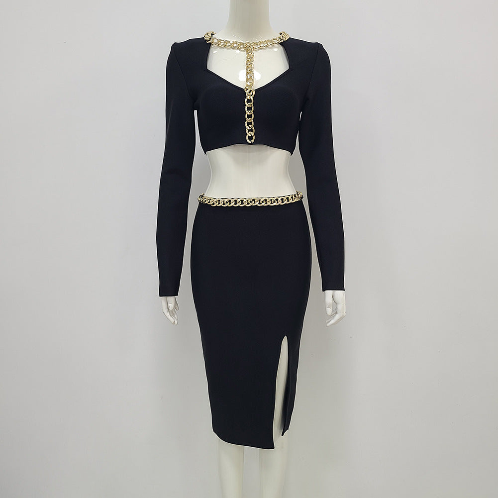 Lady Sexy Iron Chain Navel Elastic Bandage Suit Skirt