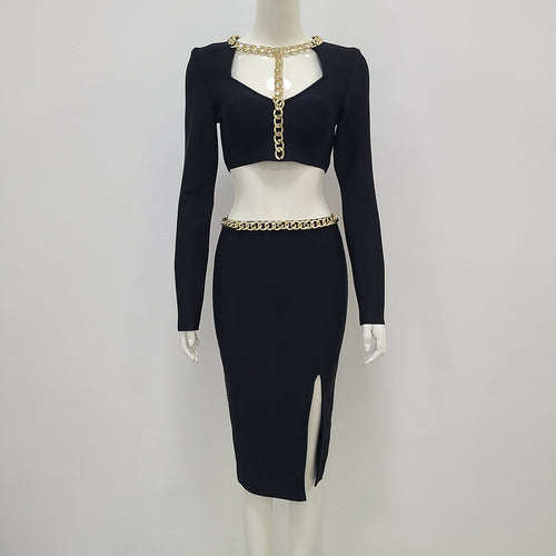 Lady Sexy Iron Chain Navel Elastic Bandage Suit Skirt