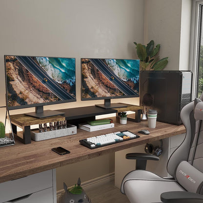 Dual Monitor Stand Riser Wood And Steel For Two Monitors