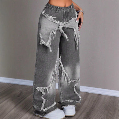 Retro Star Patchwork Heavy Wash Women's Jeans