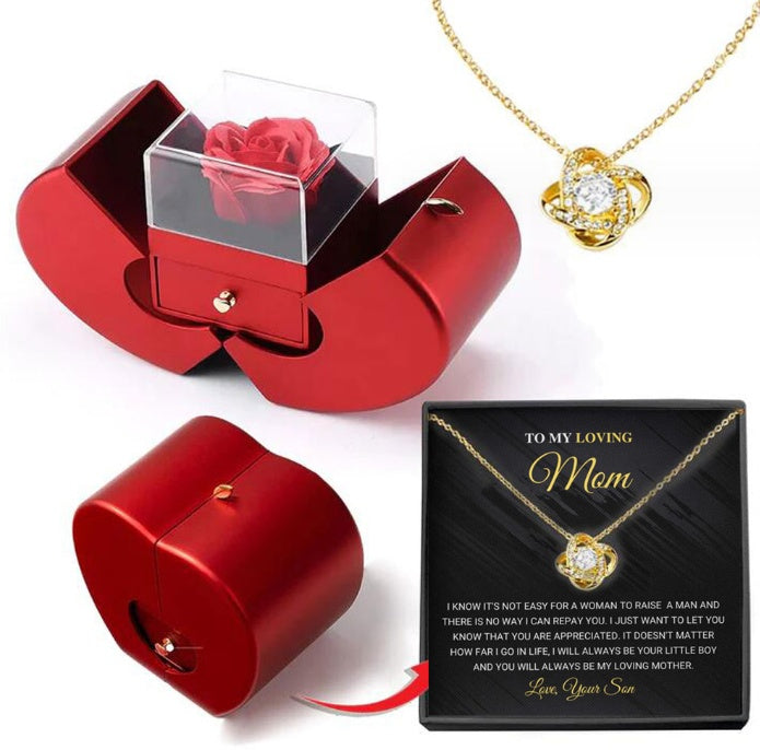 Joyero de moda con forma de manzana roja, regalo de Navidad, collar con rosa eterna para niña, regalo para el Día de la Madre y San Valentín con flor artificial, joyero con rosa.