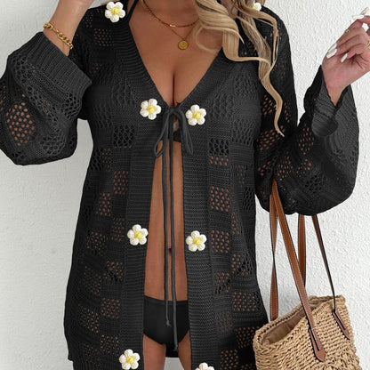 Women's European And American Woven Hollow-out Long-sleeved Blouse