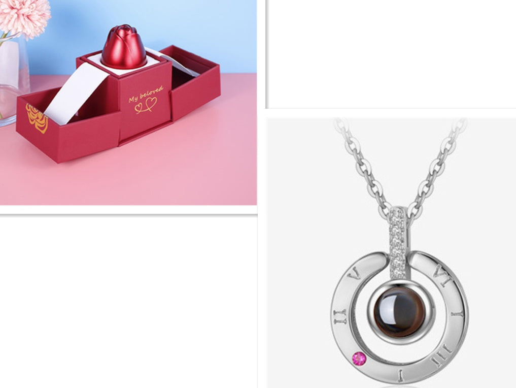 Regalos populares para el Día de San Valentín: collar con caja de regalo de joyería de rosa de metal para boda, collar para novia, regalos