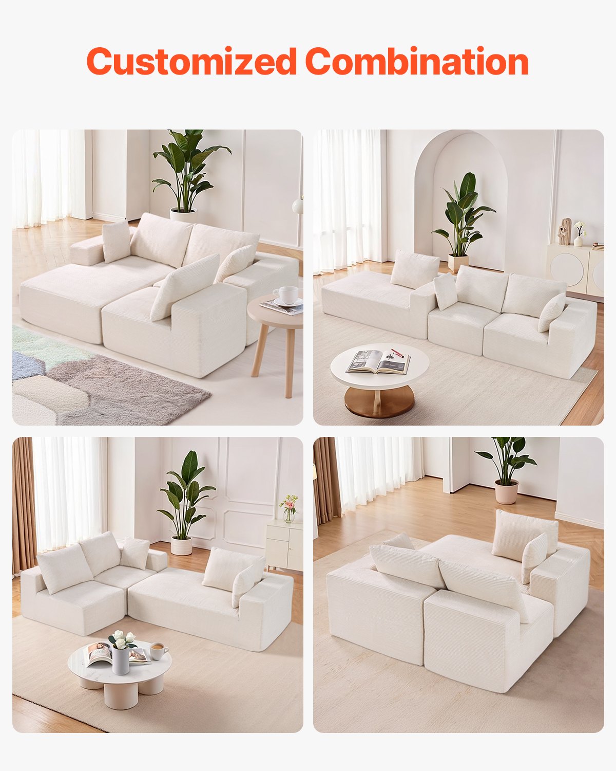 Sofá modular seccional en forma de L con chaise longue, sofá seccional Cloud con esponja de alta densidad y rebote, sofá tapizado de pana con cojín para sala de estar, apartamento, beige