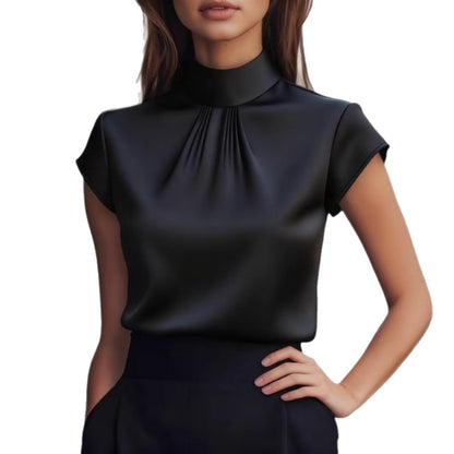Womens Solid-color Satin Top With A Pleated Design And Short Sleeves