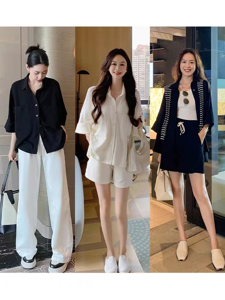 Camisa de algodón con bolsillos grandes, cintura elástica y pantalones cortos de pierna ancha