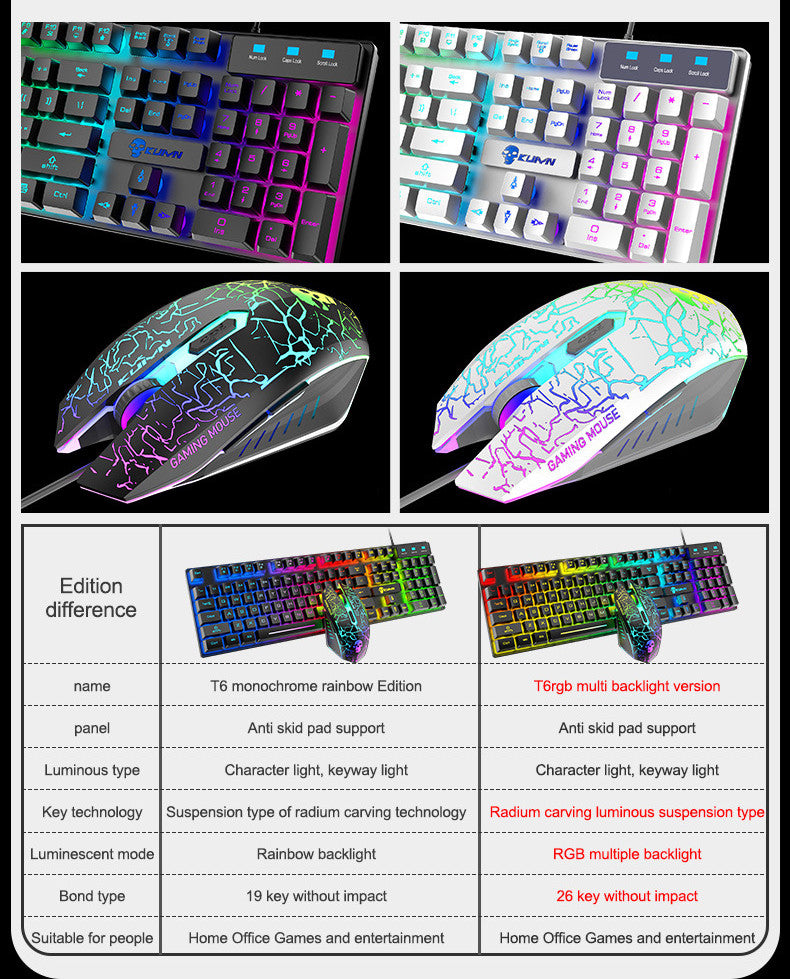Juego de teclado y ratón luminosos Kuiying T6RGB