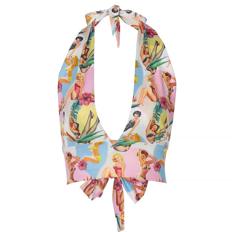 Camiseta sin mangas con estampado de personajes colgantes y cordón para atar al cuello