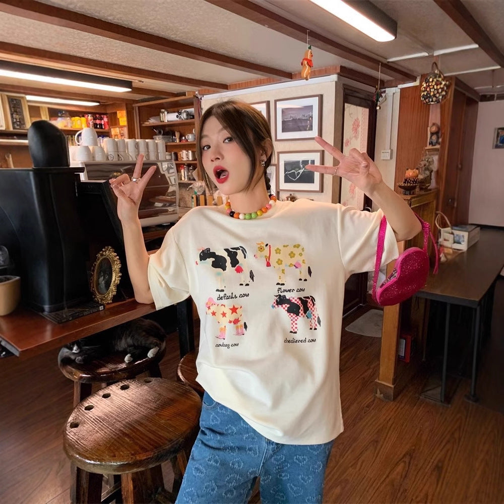 بلوزة فضفاضة متعددة الاستخدامات، مطبوعة برسومات كرتونية أمريكية قديمة، بنسخة كورية.