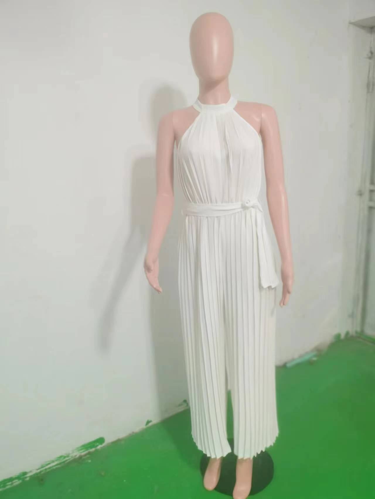 Pantalones de una pieza plisados ​​sin mangas con cuello halter sexy con cordones y corte entallado, pantalones plisados ​​de pierna ancha