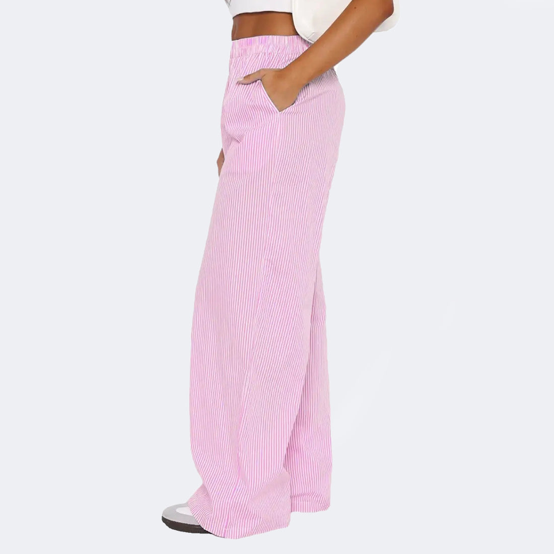 Pantalones a rayas con bolsillos, pantalones casuales de pierna ancha y rectos para mujer.