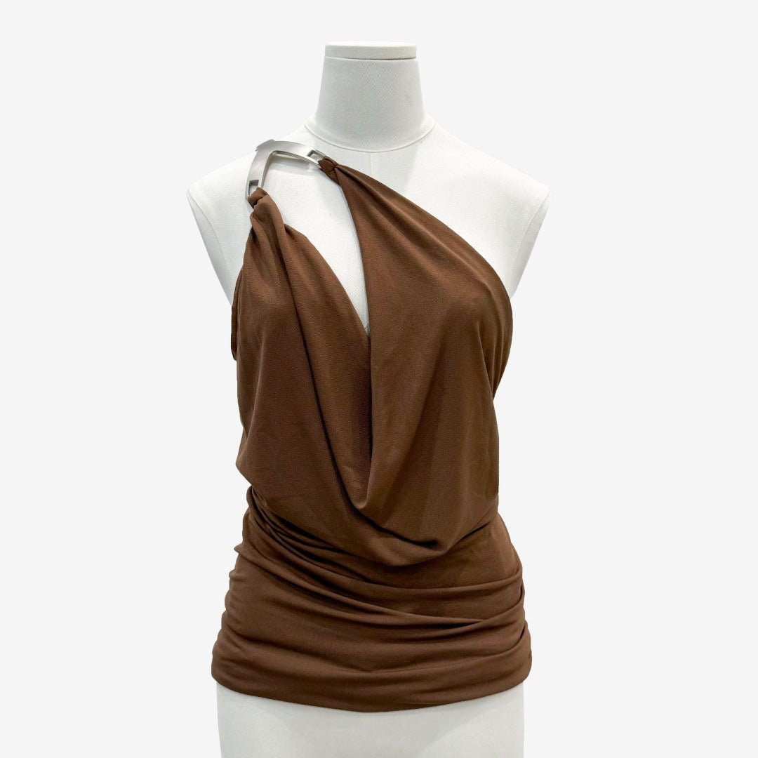 Top ajustado plisado con espalda descubierta, hebilla metálica y cordones en los hombros para mujer