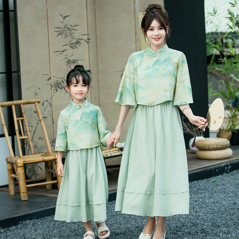 Traje cheongsam de estilo chino para padres e hijos