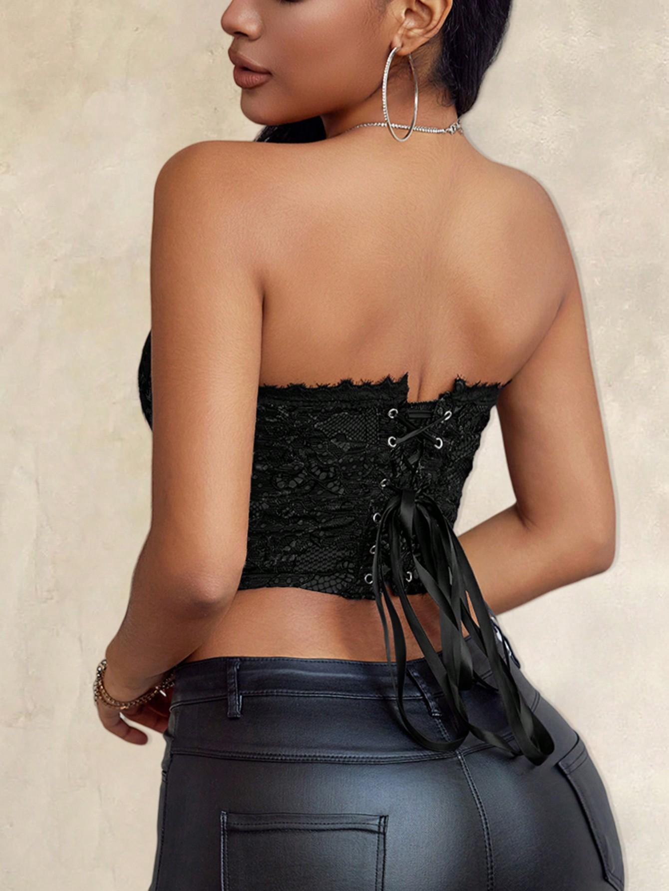 Top de corsé de encaje floral para mujer, gótico, sexy, con cordones, sin tirantes, con espalda descubierta, para fiesta, corto