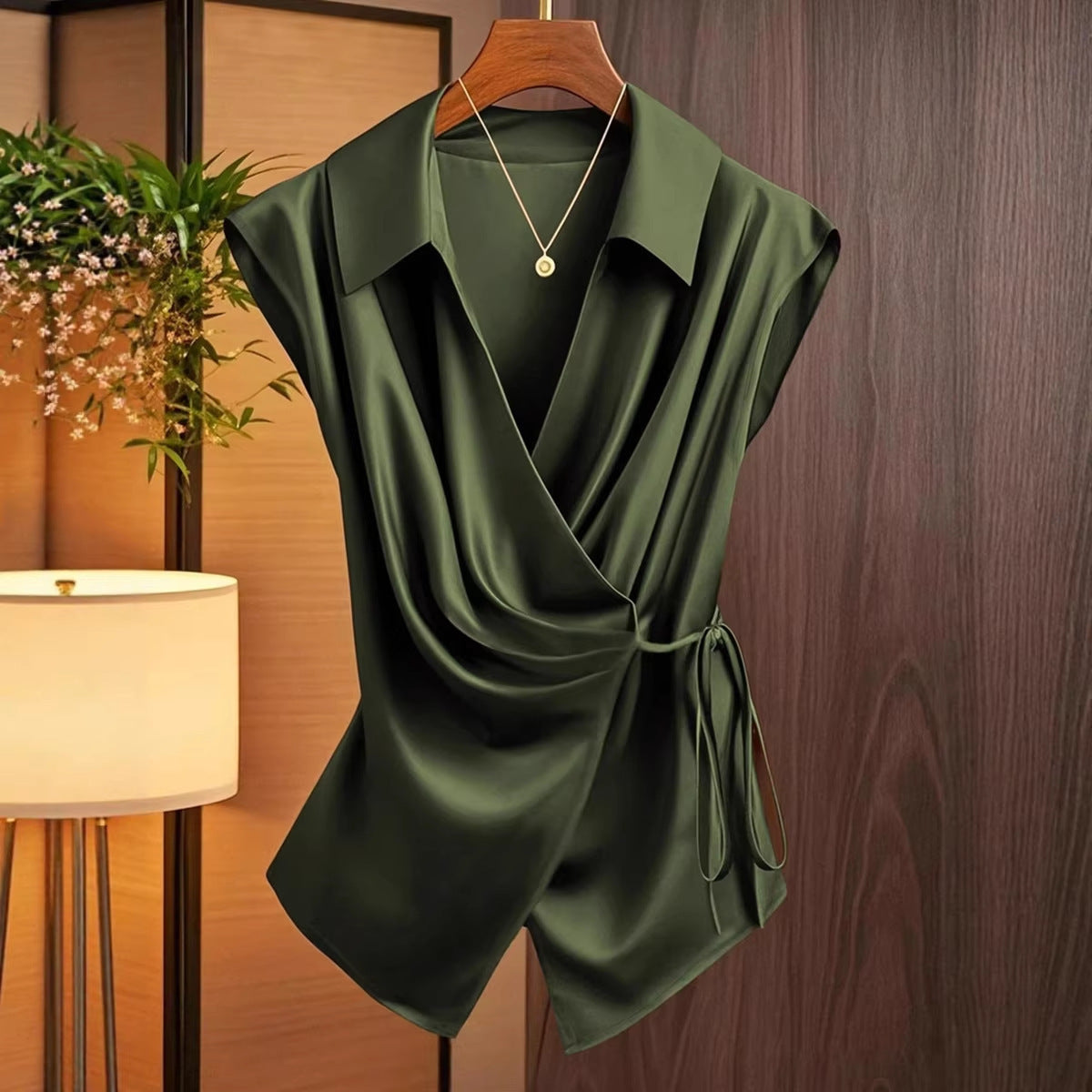 Top informal de satén de color liso para mujer con diseño de lazo con cordones