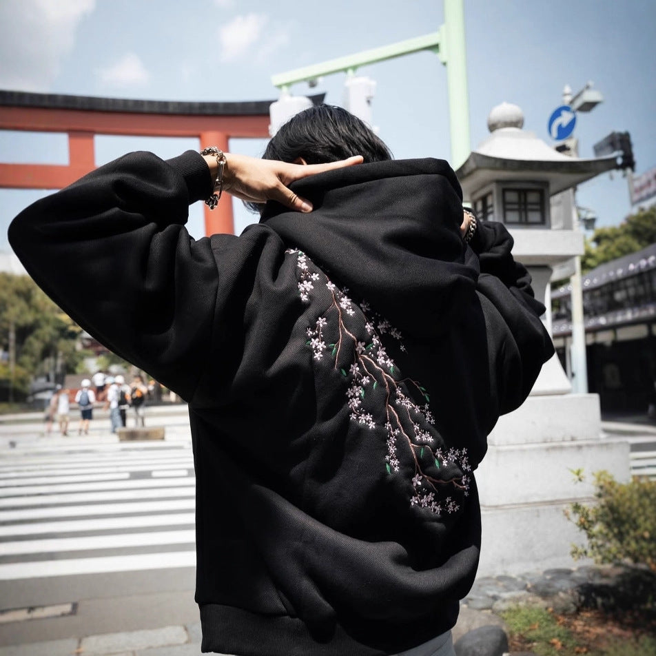 Suéter con capucha de flor de cerezo para hombre y mujer, estilo hip hop callejero retro, estilo europeo y americano, para otoño e invierno