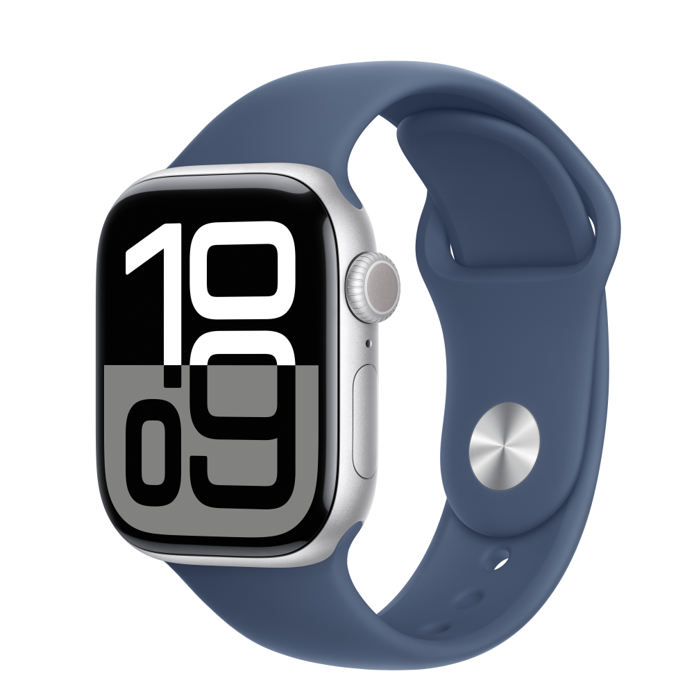 Smartwatch Apple Watch Series 10, Cellular, 42 mm, carcasa de aluminio argintiu, cura sport din denim, M/L (APPLE-MWX43QH)