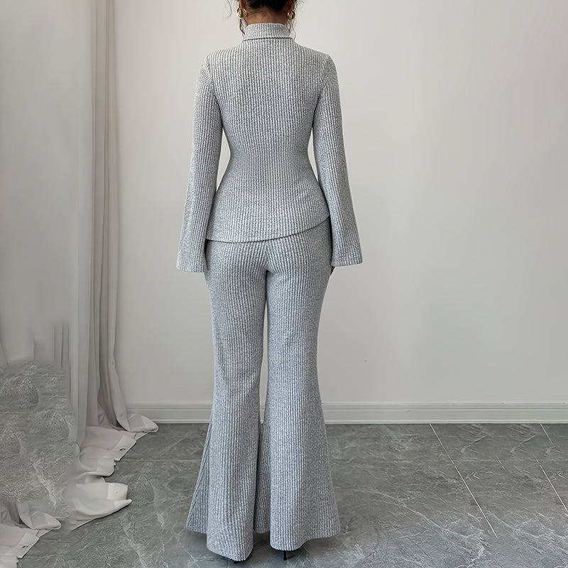 Womens 2 Piece Outfits Turtleneck Matching Lounge Set Flare Sleeve Asymmetrical Top & Wide Leg Pants