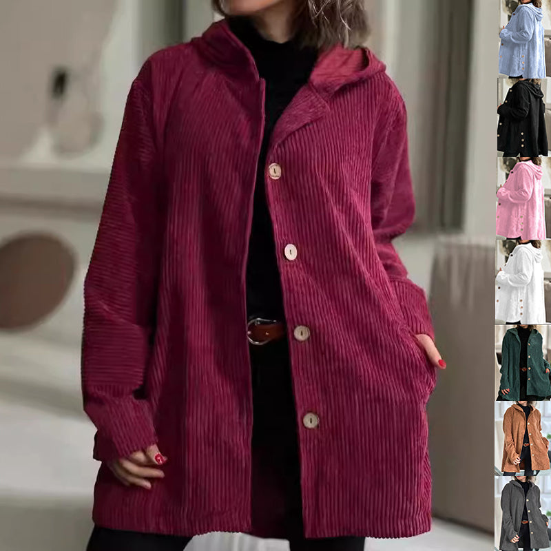 Chaqueta de pana con capucha para mujer, moderna, cálida, con bolsillos y botones, de longitud media, informal, para otoño e invierno.