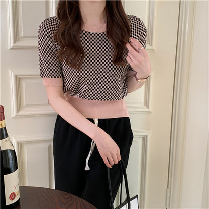 Womens Retro Plaid Color-Block Short-Sleeve Top