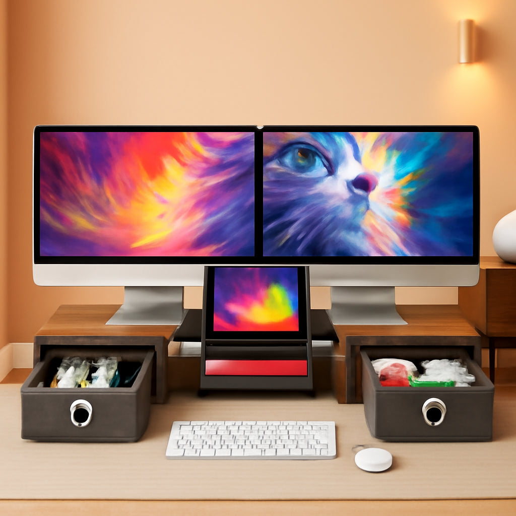 Dual Monitor Stand Riser For Two Monitors With Two Drawers