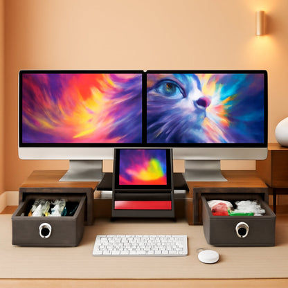 Dual Monitor Stand Riser For Two Monitors With Two Drawers