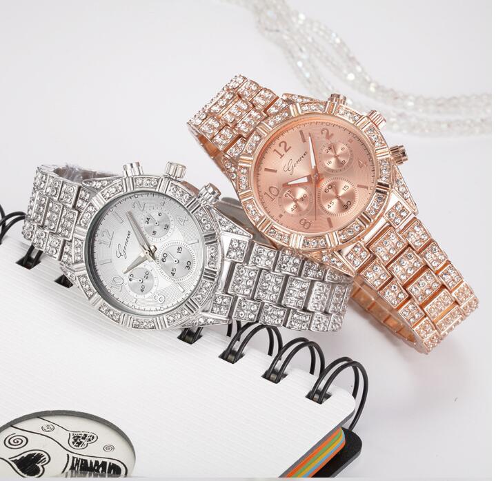Reloj de pulsera analógico de cuarzo de cristal para mujer, reloj de pulsera de acero inoxidable de moda Ginebra de lujo para hombre, reloj deportivo para mujer