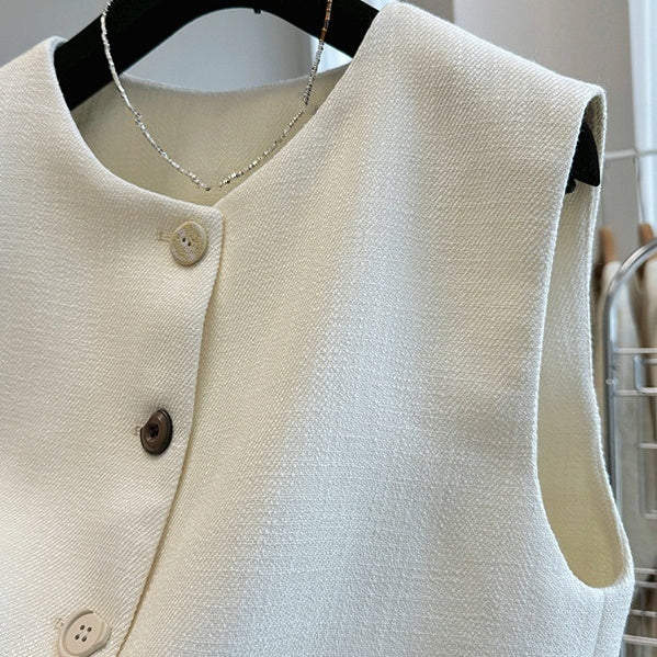 Chaleco de cuello redondo estilo francés, prenda exterior de temperamento, vestido de vendaje sin mangas