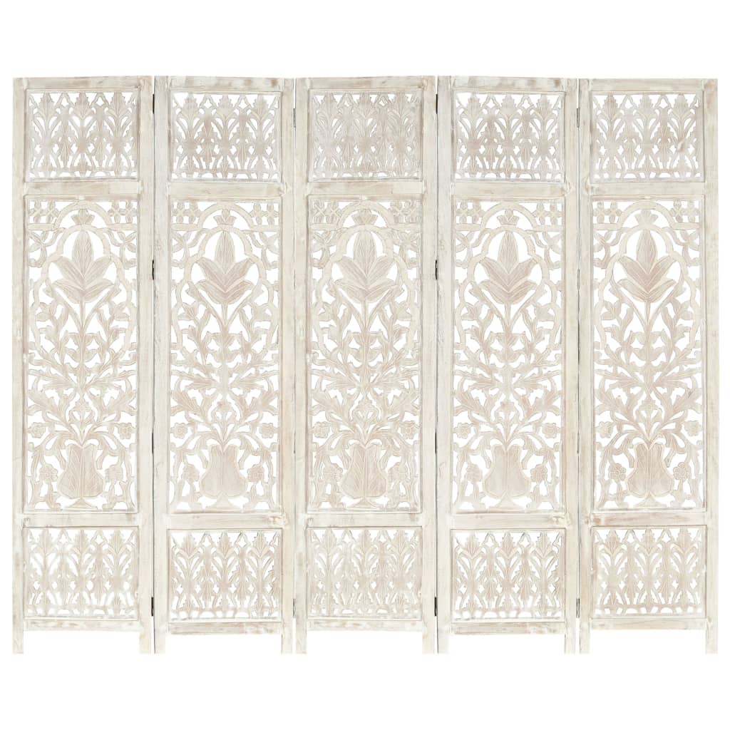 NNEVL Hand carved 5-Panel Room Divider White 200x165 cm Solid Mango Wood