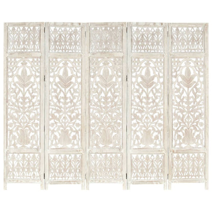 NNEVL Hand carved 5-Panel Room Divider White 200x165 cm Solid Mango Wood