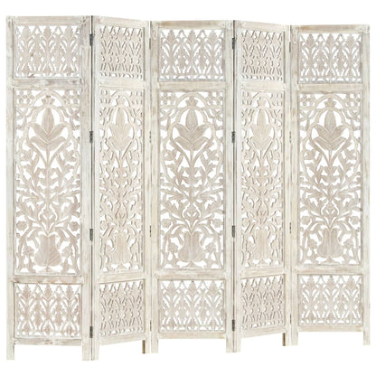 NNEVL Hand carved 5-Panel Room Divider White 200x165 cm Solid Mango Wood