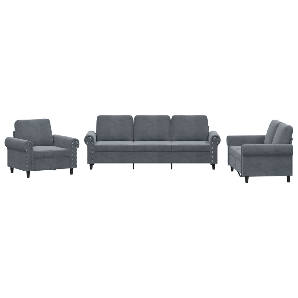 NNEVL 3 Piece Sofa Set with Cushions Dark Grey Velvet