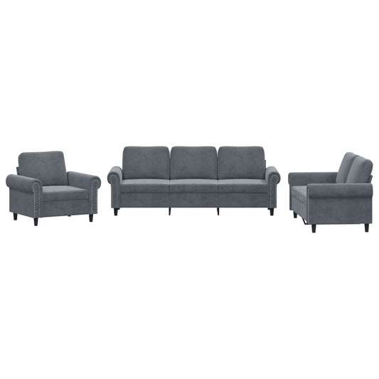 NNEVL 3 Piece Sofa Set with Cushions Dark Grey Velvet