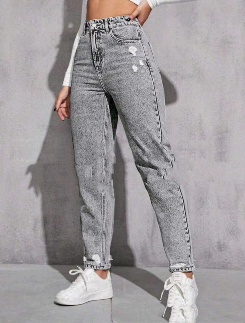 Vaqueros desgastados y desgastados para mujer, estilo casual, estilo europeo y americano, con nueve partes en la pantorrilla.