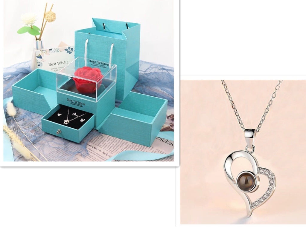 Regalos populares para el Día de San Valentín: collar con caja de regalo de joyería de rosa de metal para boda, collar para novia, regalos