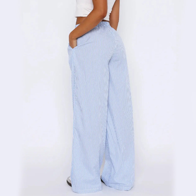 Pantalones a rayas con bolsillos, pantalones casuales de pierna ancha y rectos para mujer.