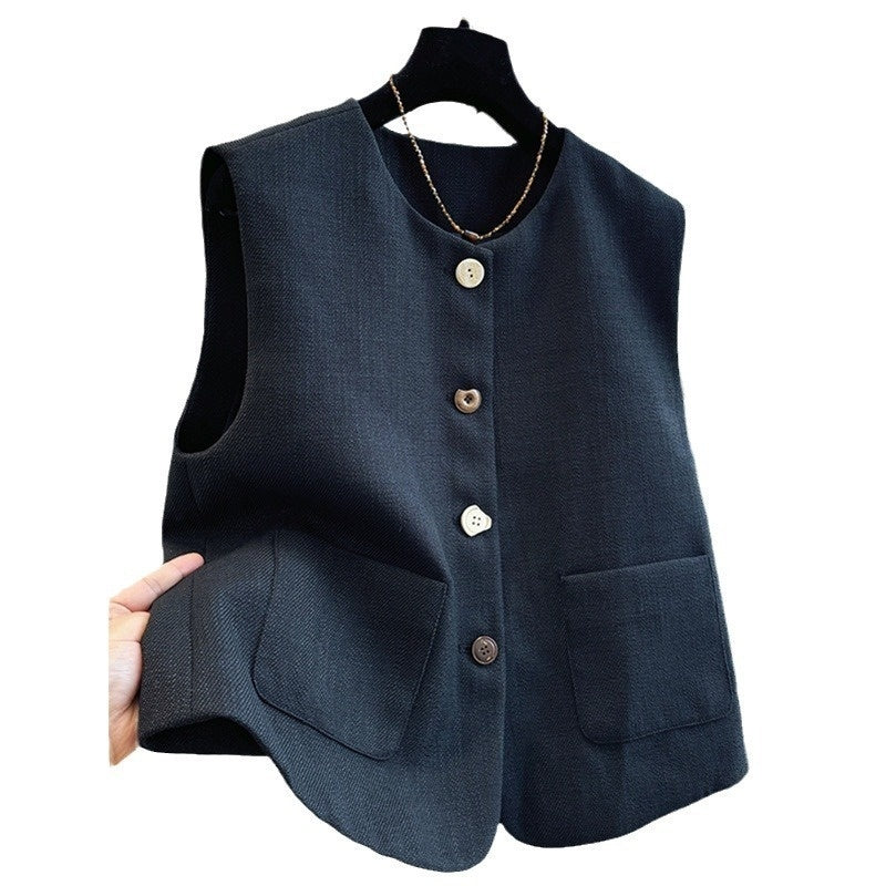 Chaleco de cuello redondo estilo francés, prenda exterior de temperamento, vestido de vendaje sin mangas