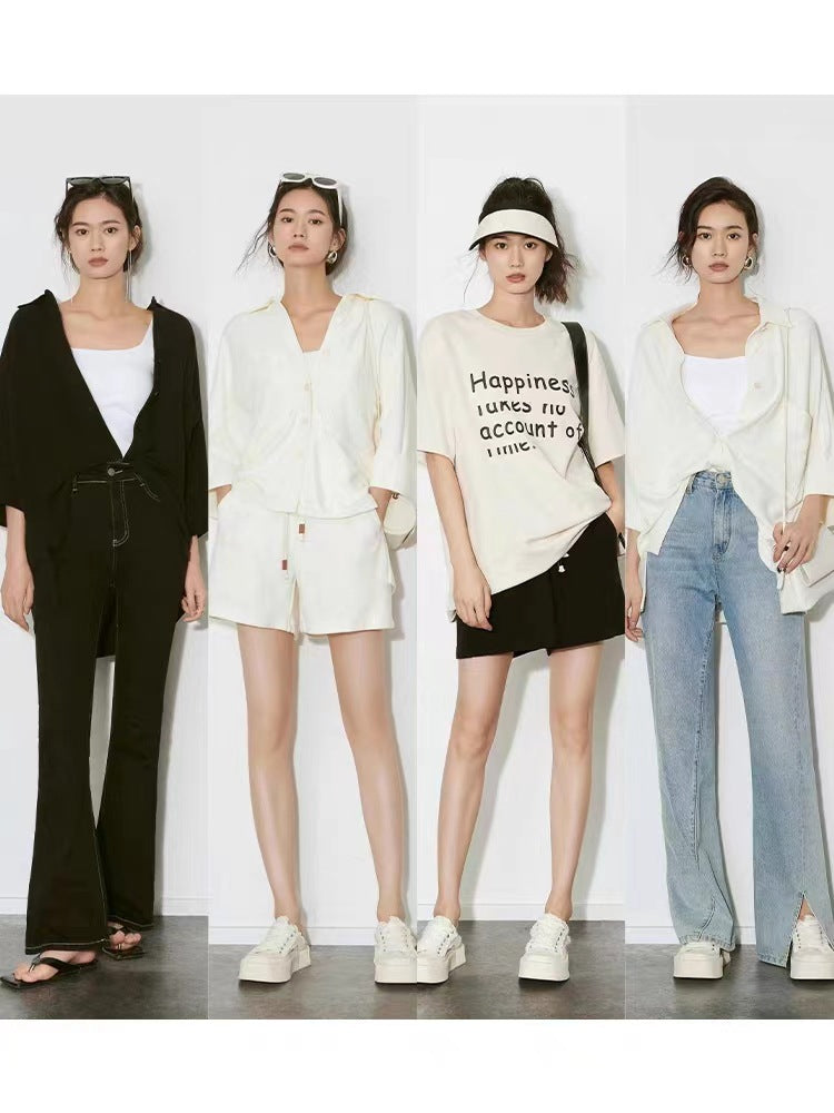 Camisa de algodón con bolsillos grandes, cintura elástica y pantalones cortos de pierna ancha