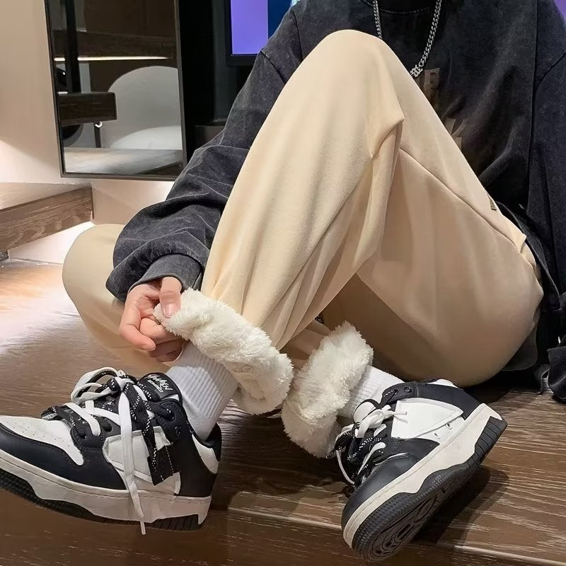 Mens Fleece-Lined Thickened Loose-Fit Casual Pants