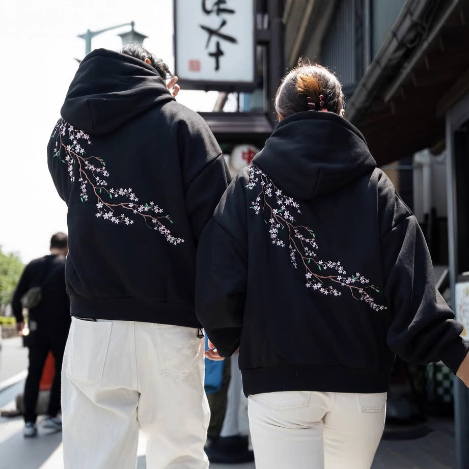 Suéter con capucha de flor de cerezo para hombre y mujer, estilo hip hop callejero retro, estilo europeo y americano, para otoño e invierno
