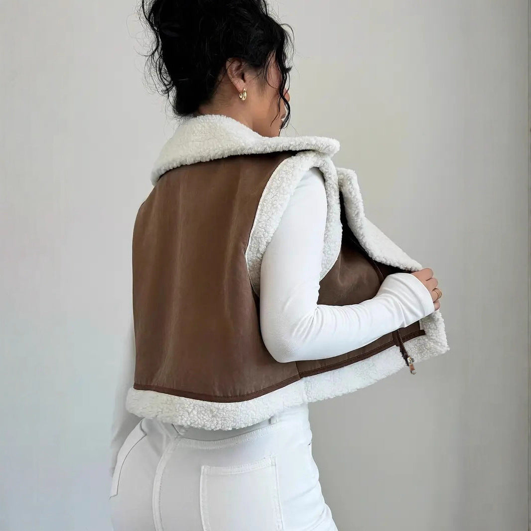 Chaleco de lana de cordero con pelo ligero integrado estilo occidental