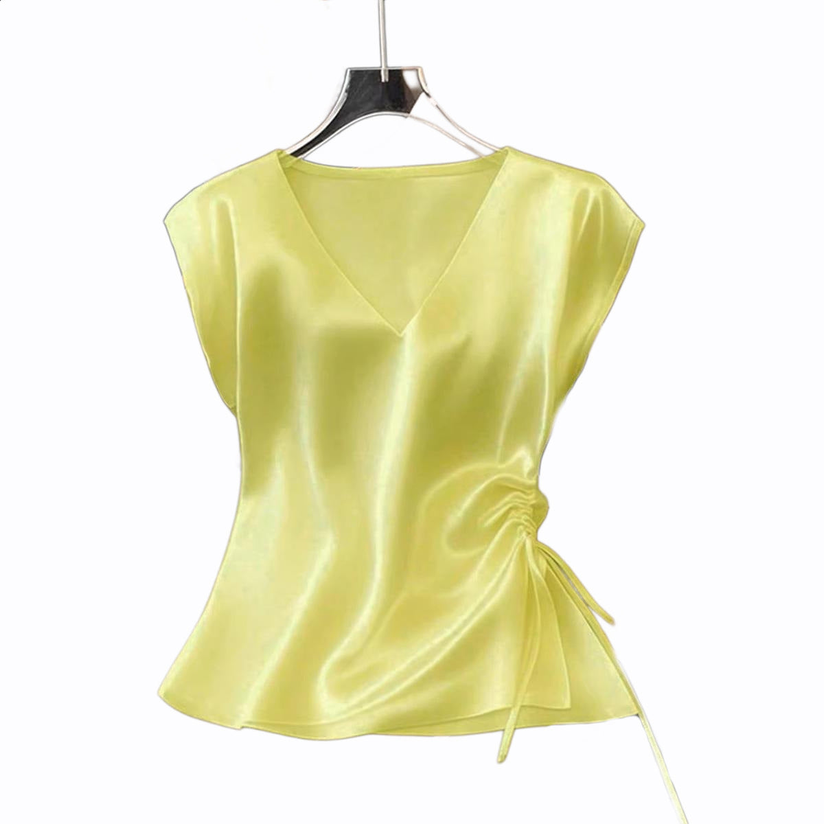 Top informal de satén de color liso con cuello en V y cordón ajustable para mujer