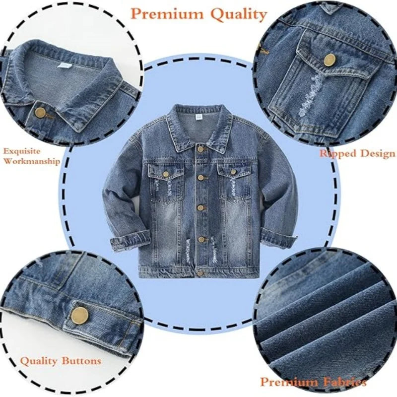 Girls Boys Jean Jacket for (4-14 Years Kids) Trendy Cozy Soft Ripped Denim Coat Casual Outerwear School Travel Teen Gift