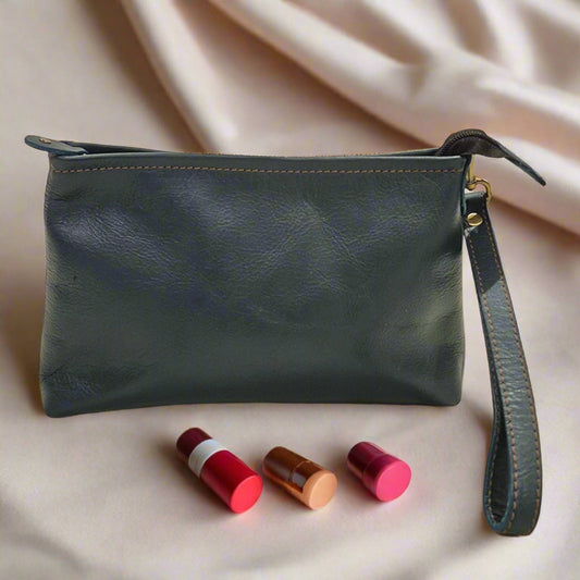 Leather Makeup Pouch, Bottle Green