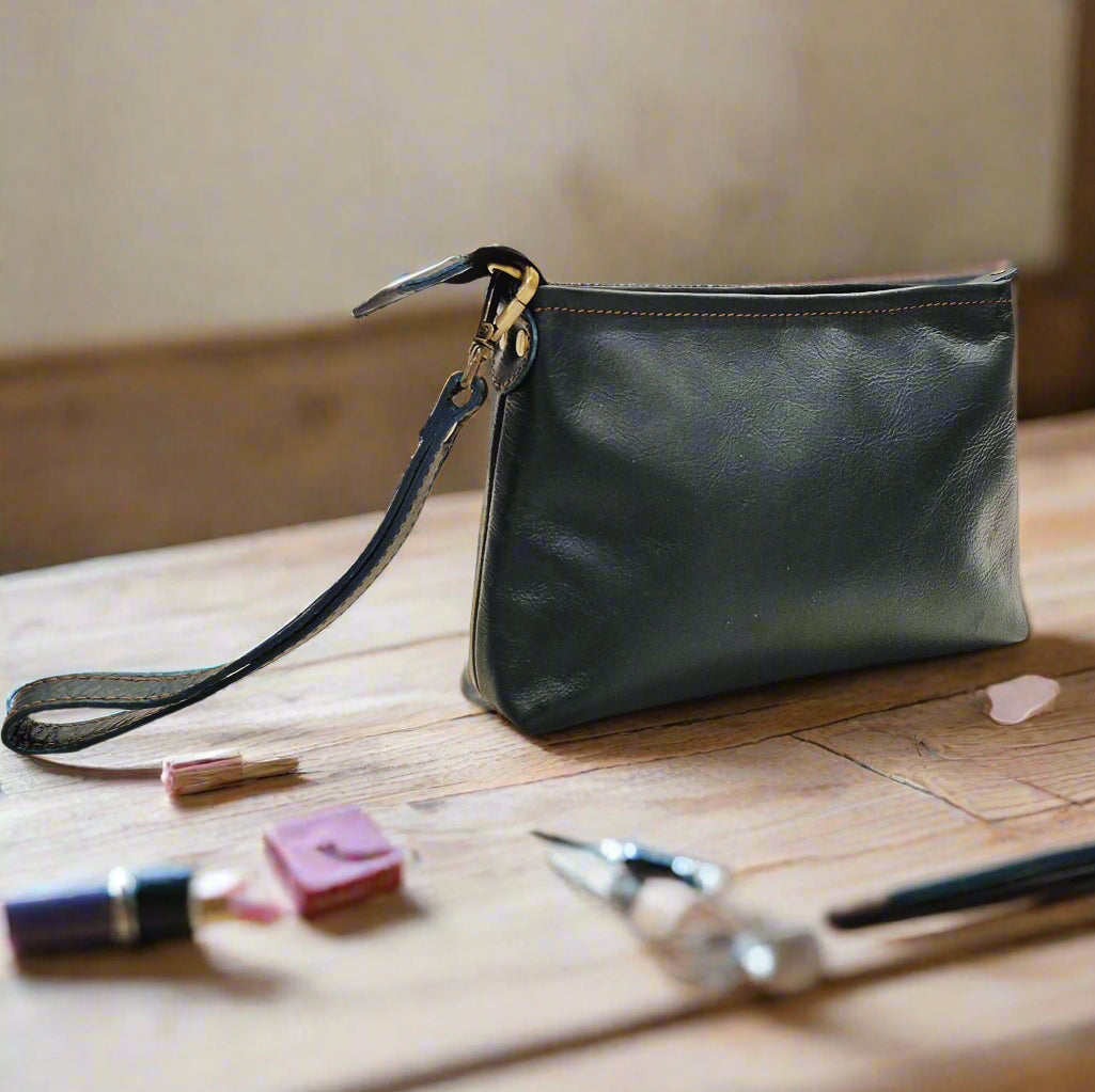 Leather Makeup Pouch, Bottle Green