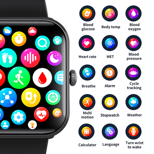 Reloj inteligente con monitor de glucosa en sangre para diabéticos y alarma de emergencia SOS.