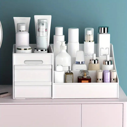 Almacenamiento de cosméticos de gran capacidad con cajones para guardar pinceles, maquillaje, productos para el cuidado de la piel y perfumes.
