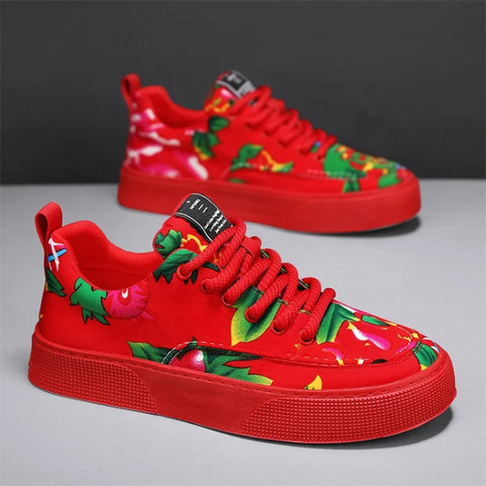 Y Red Green Men's Shoes 2024 New Big Flower Tide Thick-soled Heightened Board Breathable Cloth Sneakers Casual Shoes for Men