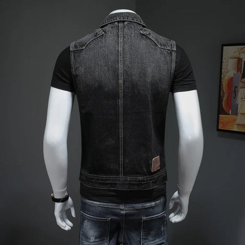 Black Motorcycle Men Denim Vest Vintage Sleeveless Biker Jean Jacket Single Breasted Fashion Work Vests Male Mult Pockets S-6XL